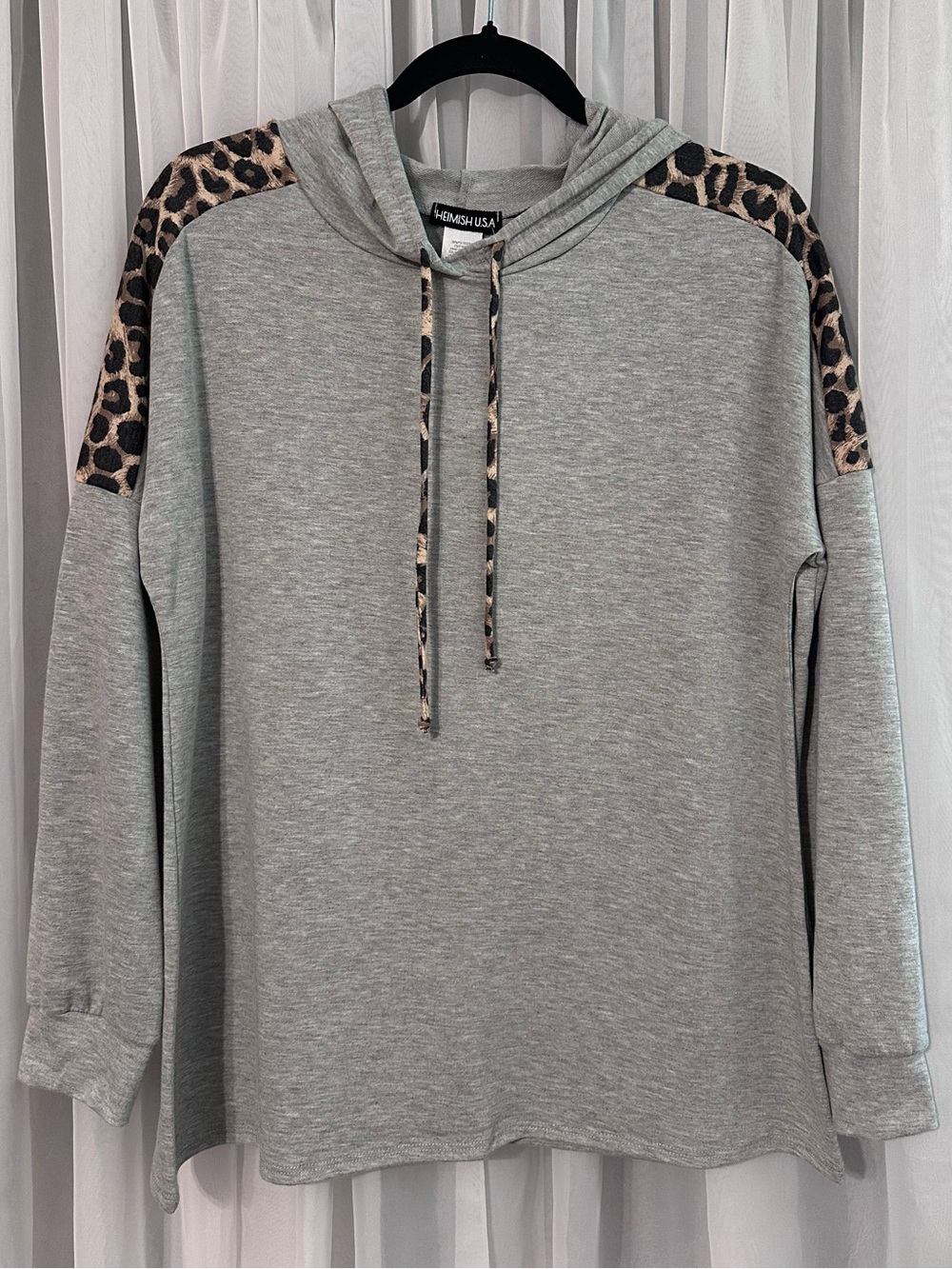 Heimish Gray Leopard Detail Hoodie Lightweight Sweatshirt with Hood